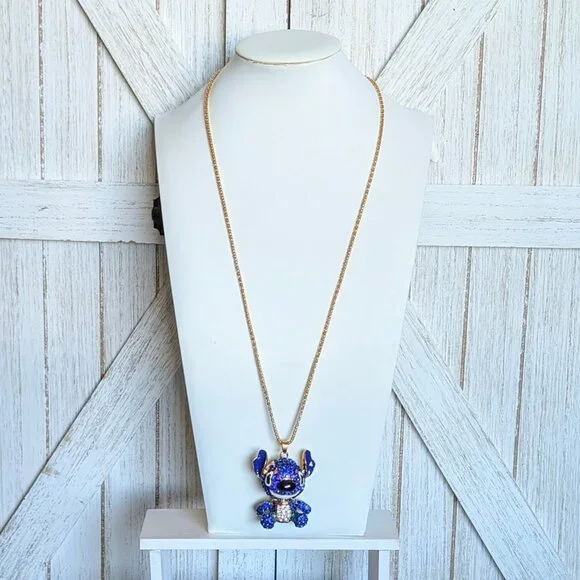 Betsey Johnson Dark Blue Crystal Gold Toned Stitch Necklace - New - Picture 2 of 3